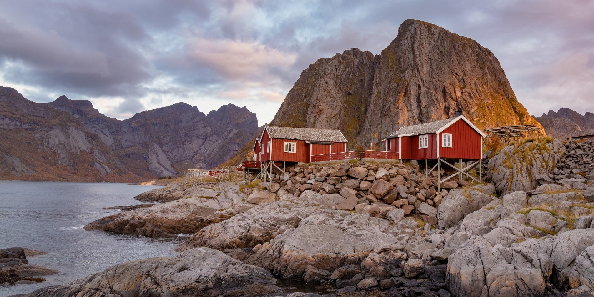 Red Norwegian cabins on the peer