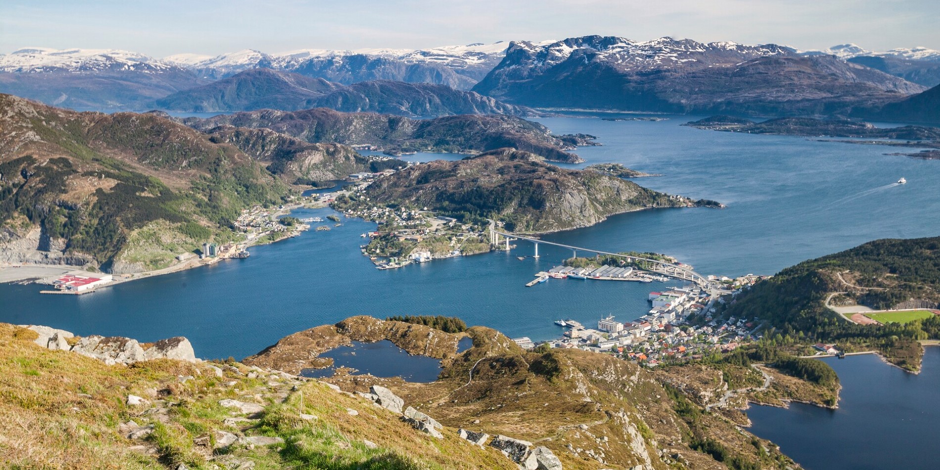 Aerial view over the port of Måløy in Norway